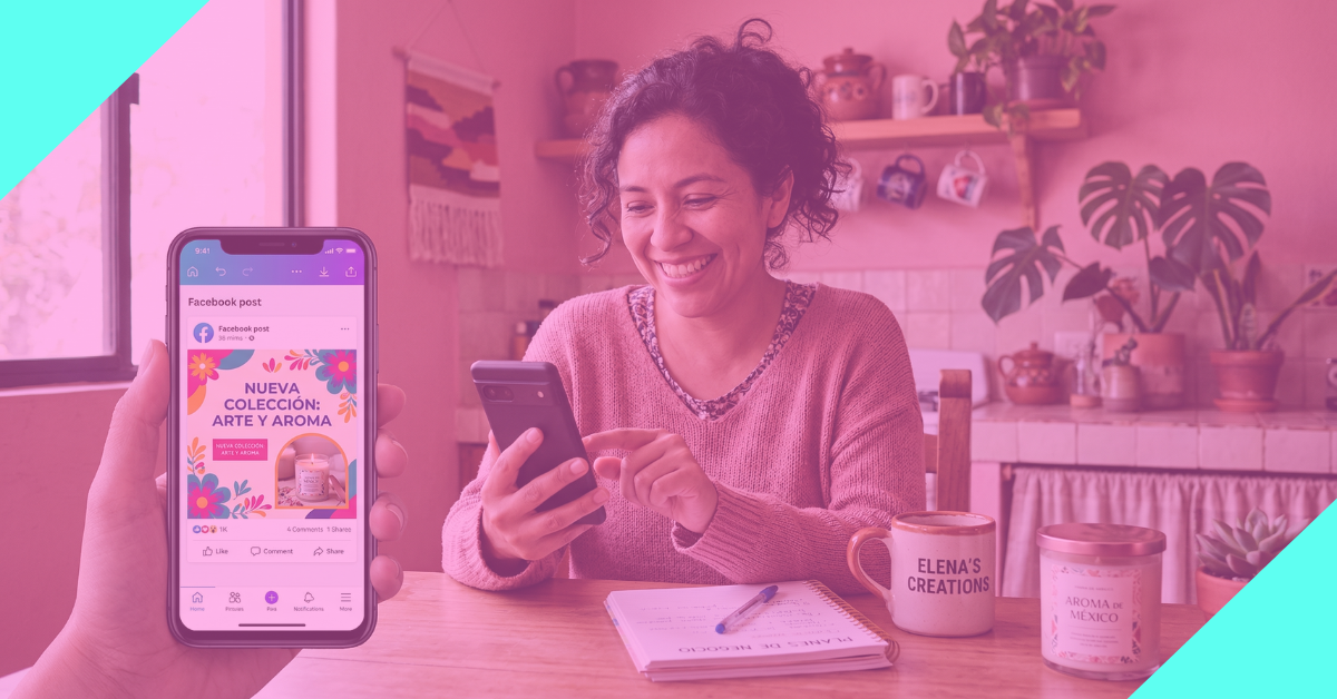 Emprendedora mexicana usando Canva gratis para crear contenido en Facebook desde su celular en casa