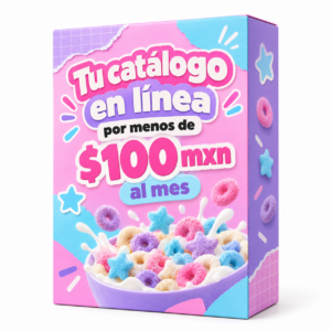 Caja de cereal rosa, morada y azul con el texto: “Tu catálogo en línea por menos de $100 MXN al mes”.